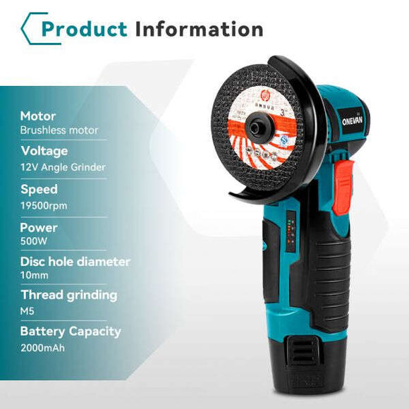 Mini polizor unghiular BRUSHLESS cu acumulator, portabil, 12 V, disc 76mm
