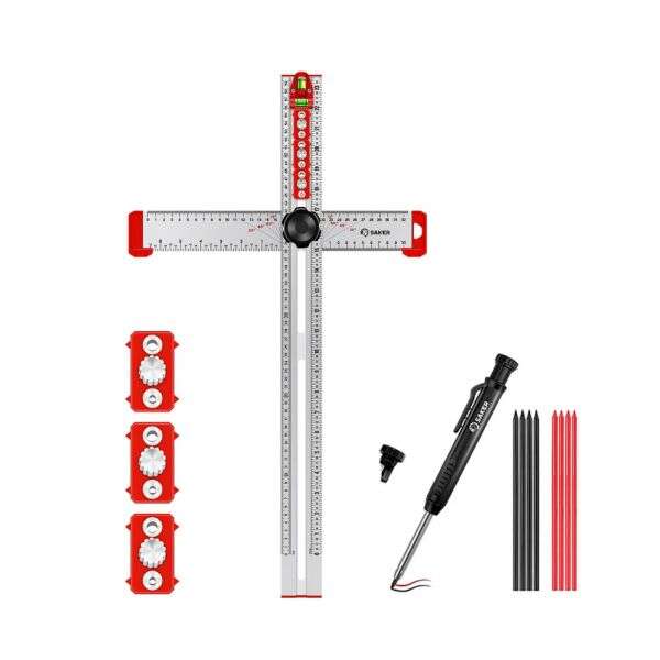 Rigla cu echer si sablonare 4 in 1 pentru gauri, sablon gaurire