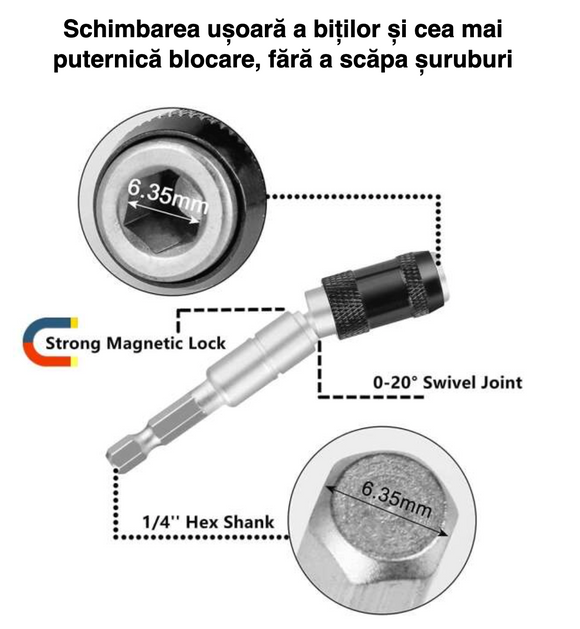Adaptor bituri pivotant, cu capete bit hexagonal, cu magnet