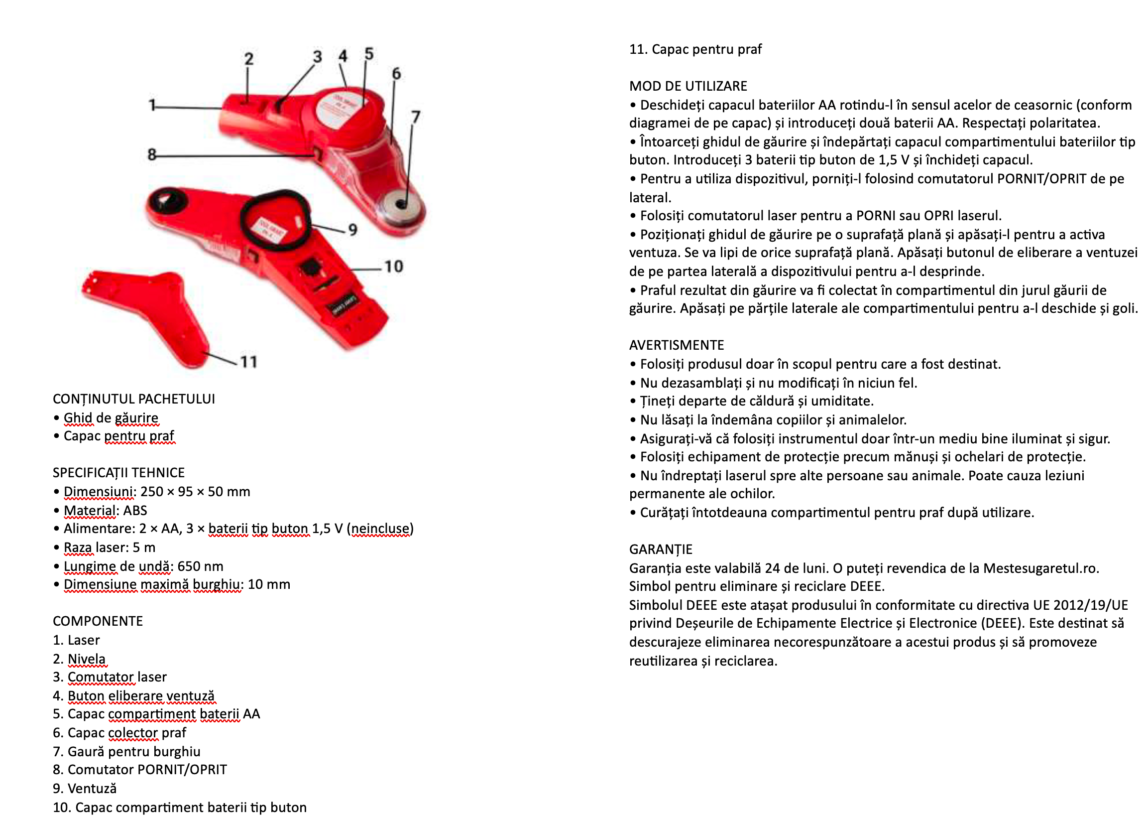 Dispozitiv cu ghidaj de gaurit, 3-in-1 LASER, BOLOBOC, COLECTOR PRAF
