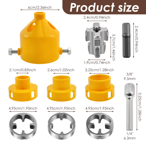 Set 3 filiere pentru filatare tevi platic, PPR, adaptor bormasina (1”, 1/2”, 3/4”) + interior