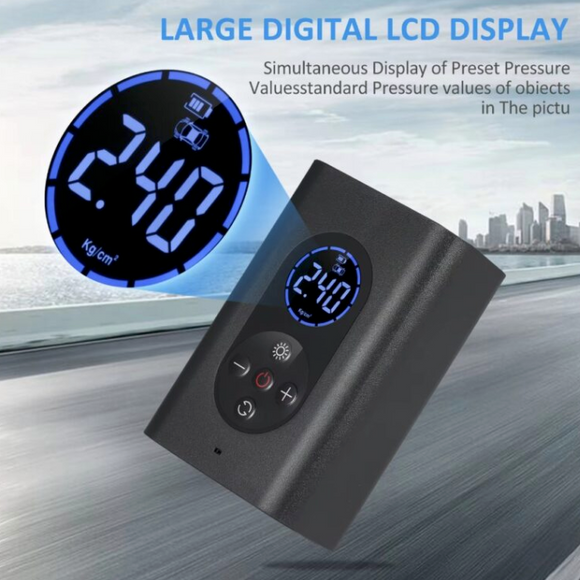 Mini compresor compact, portabil cu acumulator reincarcabil, LED, accesorii