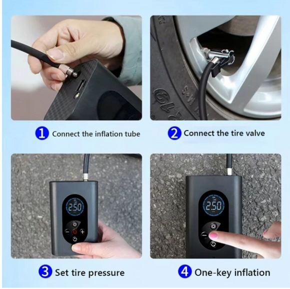 Mini compresor compact, portabil cu acumulator reincarcabil, LED, accesorii