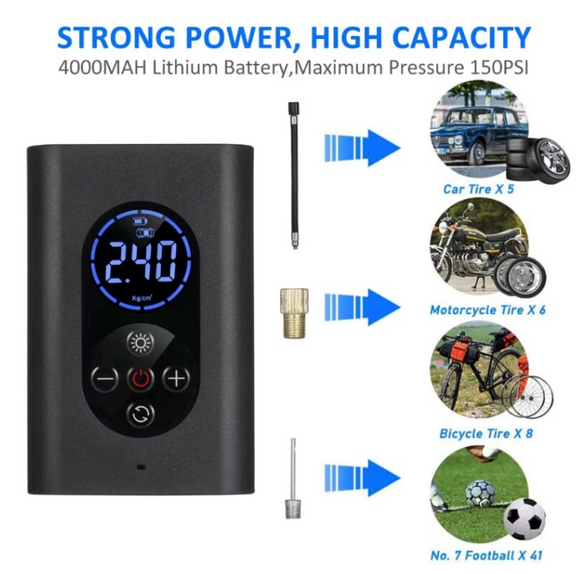 Mini compresor compact, portabil cu acumulator reincarcabil, LED, accesorii