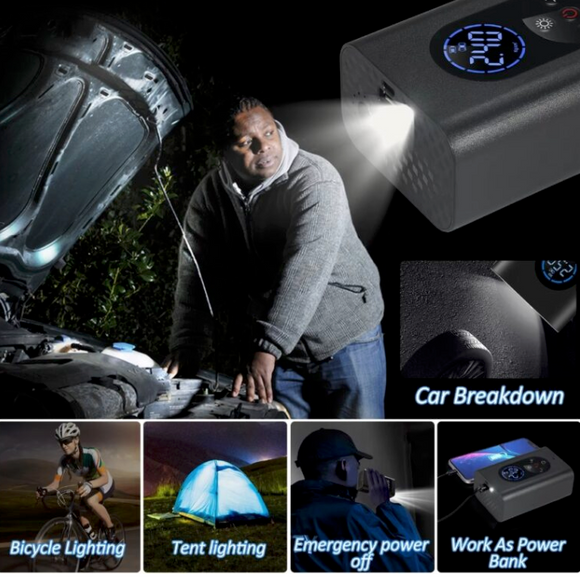 Mini compresor compact, portabil cu acumulator reincarcabil, LED, accesorii