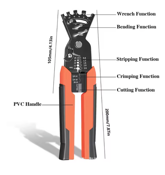 Patent, cleste multifunctional 5-in-1 pt fire (indoire, crimpare, dezizolare, chei, taiere)