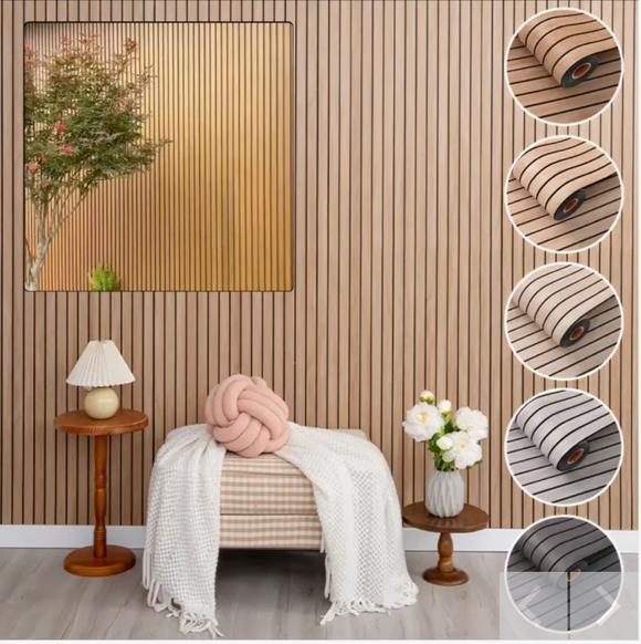Material autocolant decorativ cu imitatie riflaj lemn pentru pereti si tavan 10 m x 60 cm