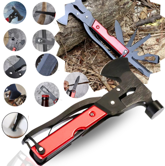 Unealta 17-in-1 cu topor, ciocan, cuțit, fierăstrau, clește, etc. 18 x 9 cm