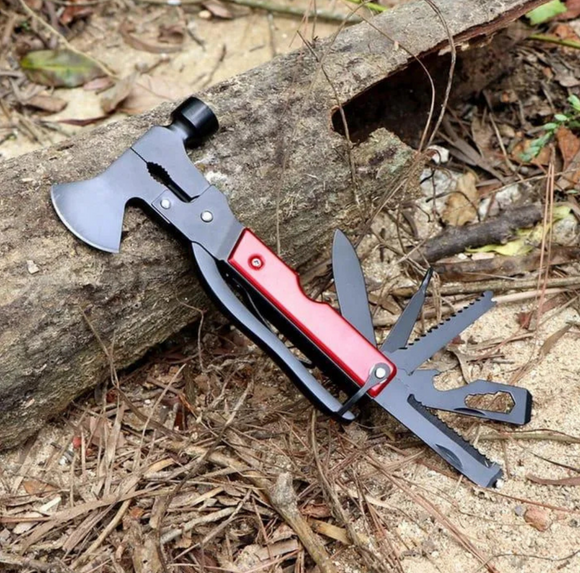 Unealta 17-in-1 cu topor, ciocan, cuțit, fierăstrau, clește, etc. 18 x 9 cm