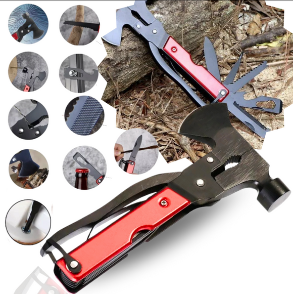 Unealta 17-in-1 cu topor, ciocan, cuțit, fierăstrau, clește, etc. 18 x 9 cm