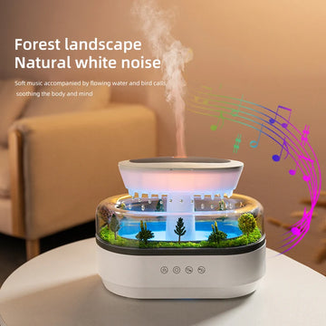 Umidificator de aer si Difuzor Aromaterapie Ultrasonic ATMOSPHERA, Tip Nor cu Picaturi de Ploaie, Zgomot Alb, Micro Peisaj Natural, Lumina Ambientala LED 7 Culori, Rezervor 250ml, Oprire Automata, USB, Alb - 0