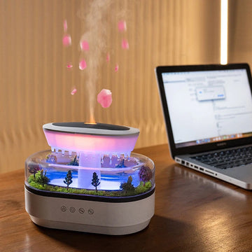 Umidificator de aer si Difuzor Aromaterapie Ultrasonic ATMOSPHERA, Tip Nor cu Picaturi de Ploaie, Zgomot Alb, Micro Peisaj Natural, Lumina Ambientala LED 7 Culori, Rezervor 250ml, Oprire Automata, USB, Alb