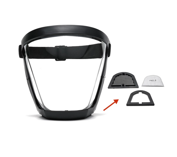 Masca de protectie CU FILTRU PM2.5, tip viziera, pe toata fata, flexibila, filtre inlocuibile + 2x filtre